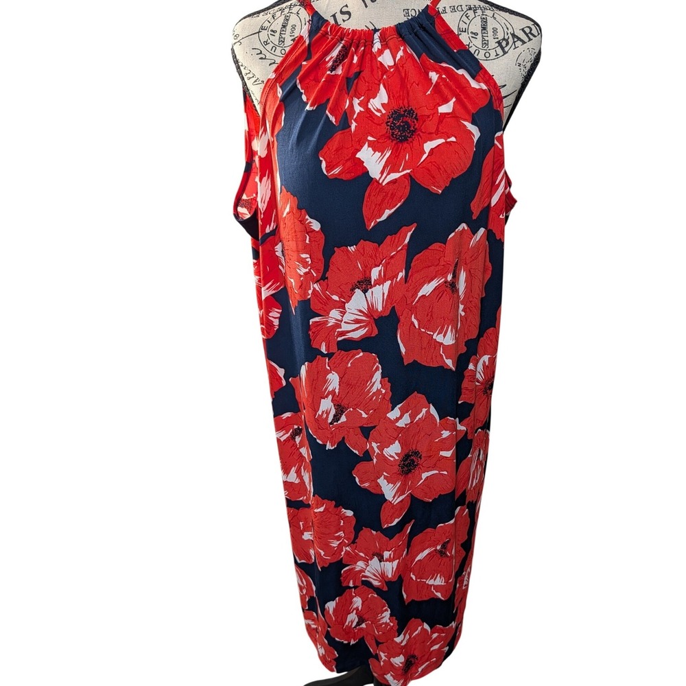 Trina Turk Women's Large Red Floral Poppy Halter Neck Midi Dress Navy Blue NWT